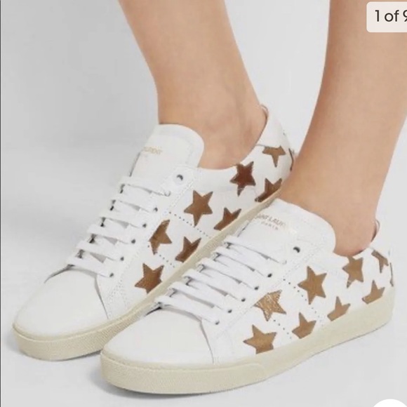 YSL Designer Sneakers, Gold Star Appliqué Court White Sneakers, Size 39 (75) - Picture 1 of 16